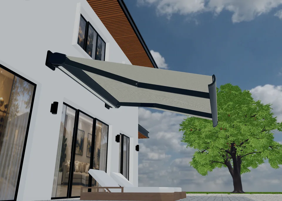 3D-Darstellung einer ausfahrbaren Markise mit hellem Tuch und dunklen Gelenkarmen an einer Hausfassade.