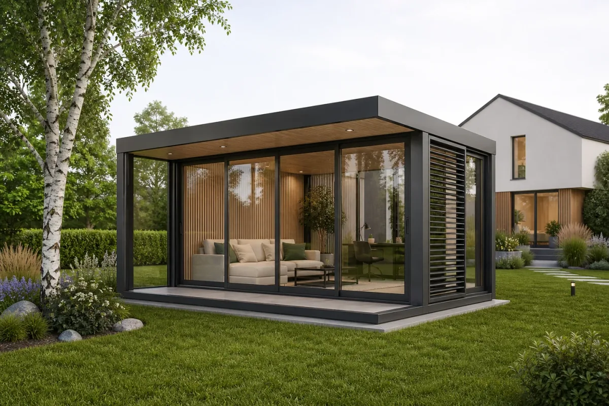 Gartenstudio mit raumhohen Glaswänden und holzfarbenem Rahmen neben einem Haus