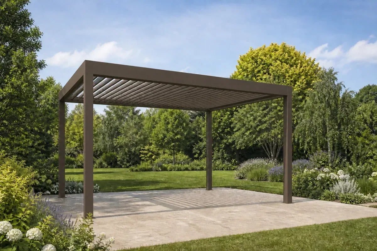 Bronzepergola in einer Gartenproduktvorschau gezeigt