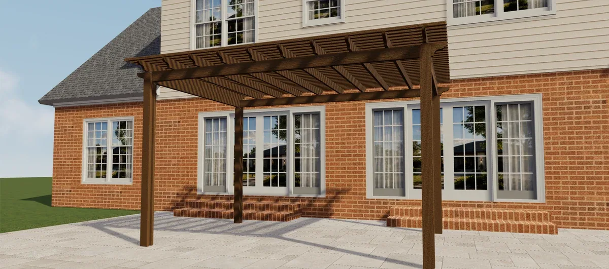 Vorderansicht einer braunen Elite-Aluminium-Pergola mit offenem Lamellendach