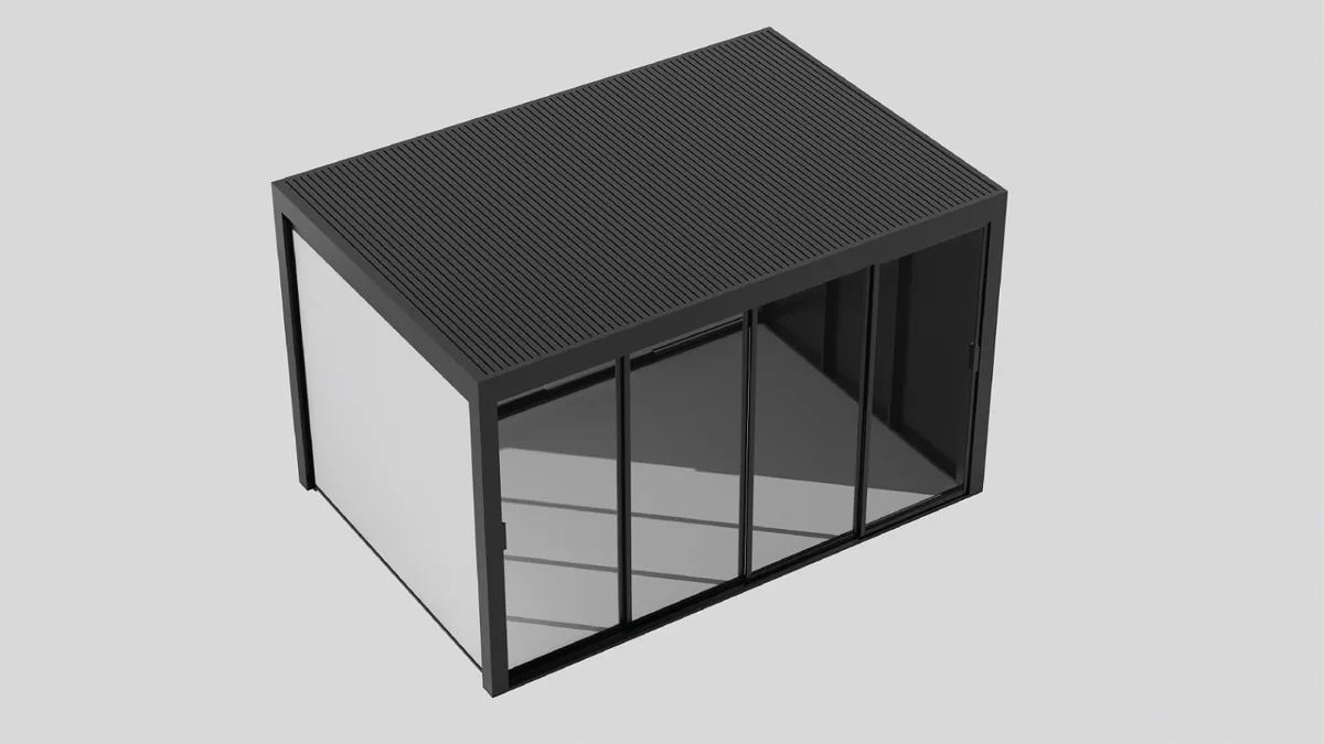 Dunkles Pergola-Modell mit verglasten Seitenteilen und massivem Dach in der 3D-Ansicht