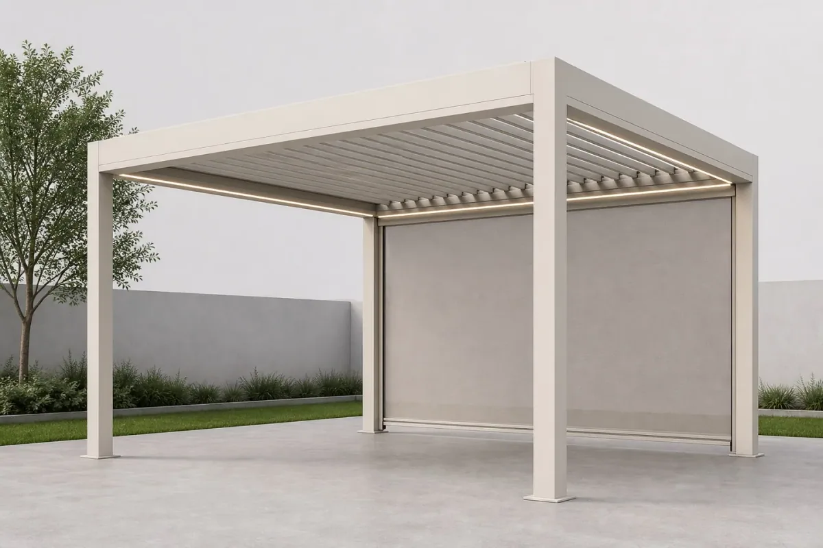 Weiße freistehende Pergola mit Seitenwänden neben einem Garten