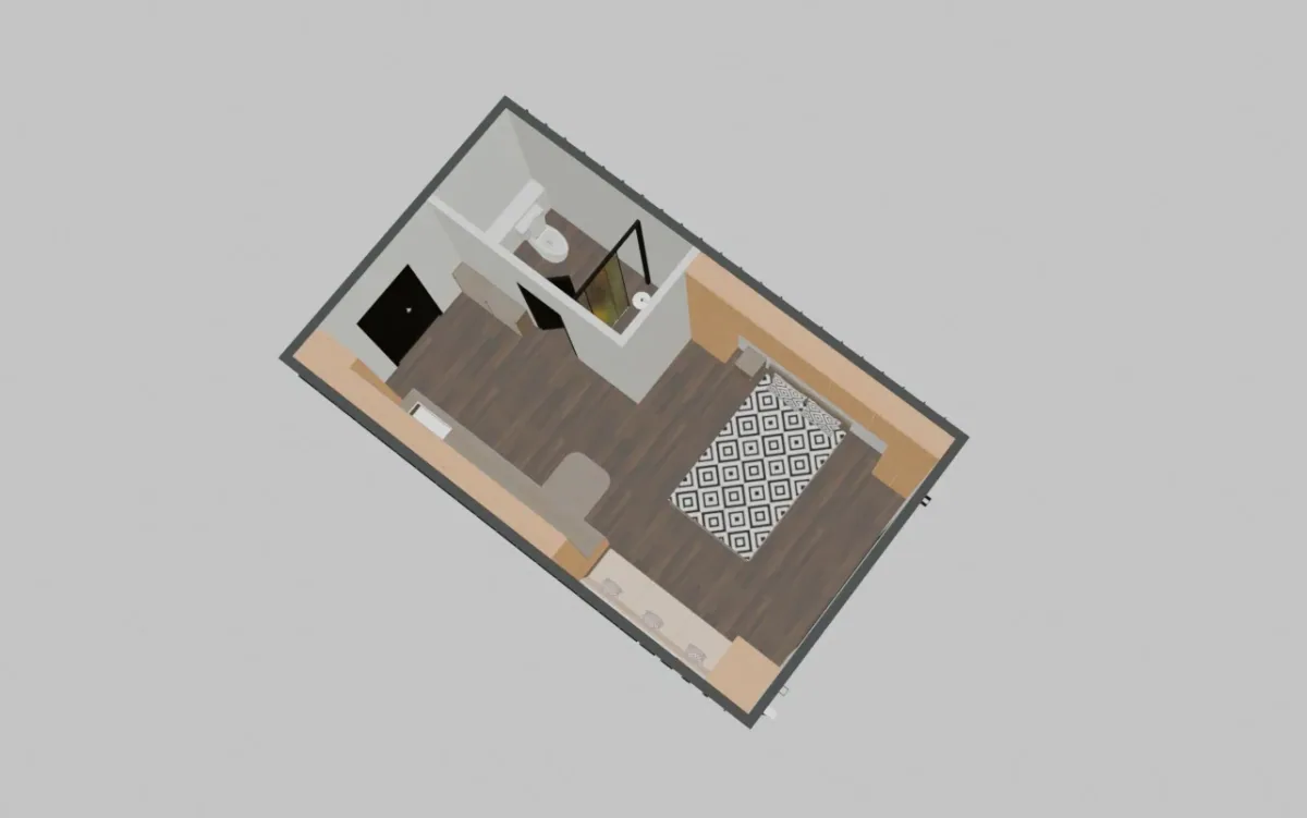 Dreidimensionaler Grundriss eines modularen Hauses mit Innenräumen