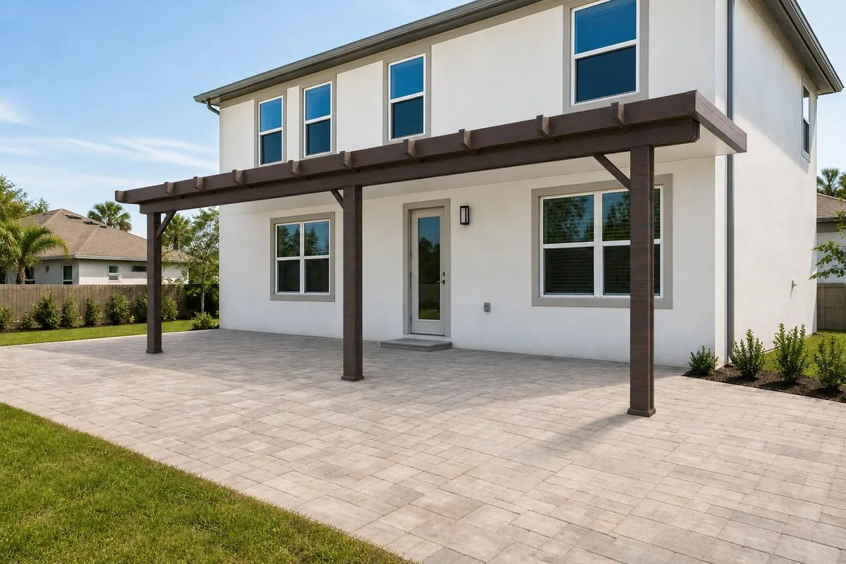 Pergola im Holzstil spendet Schatten auf einer gepflasterten Terrasse neben einem weißen Haus