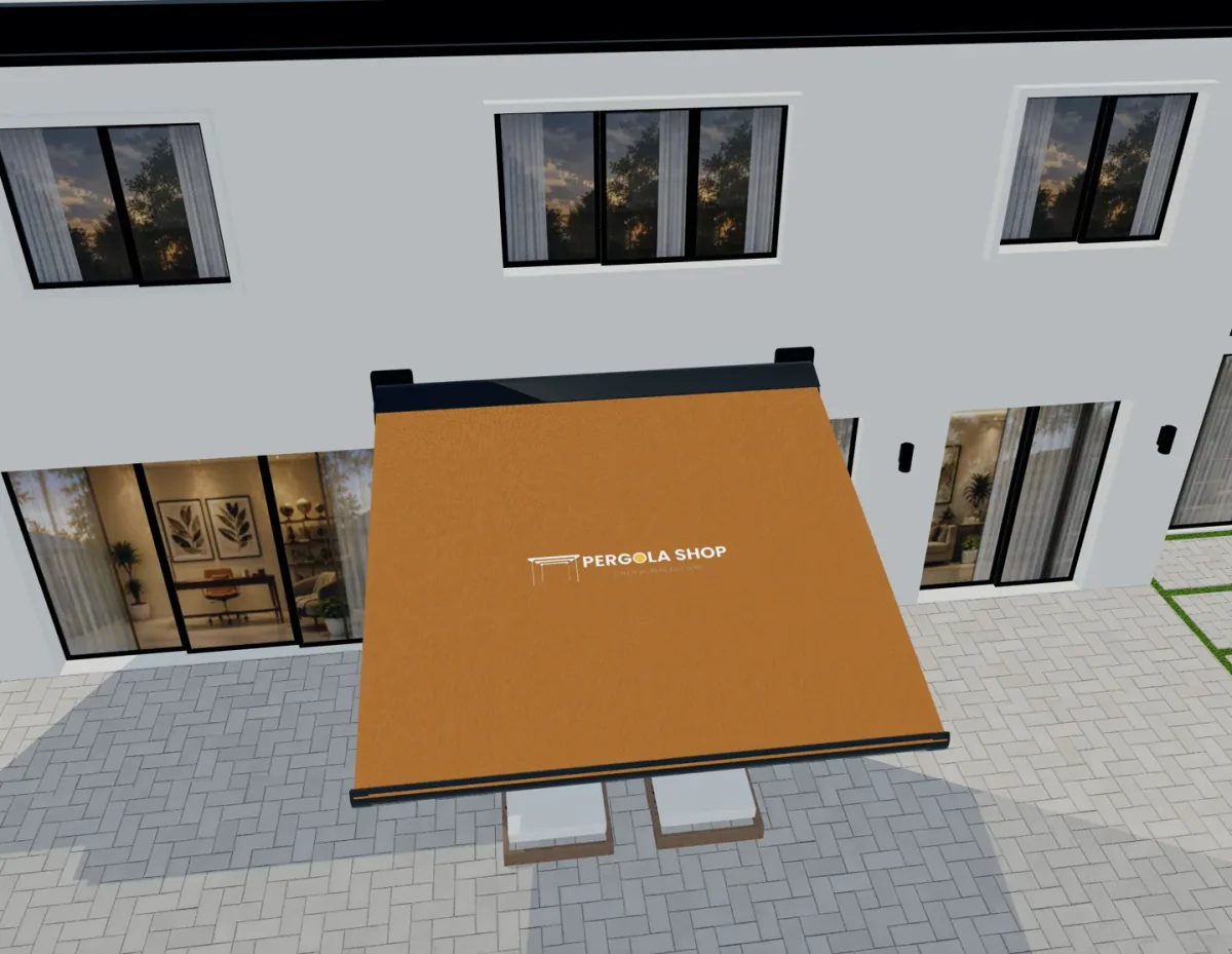 Orangefarbener einziehbarer Markisenstoff mit Branding auf einer 3D-Hausfassade