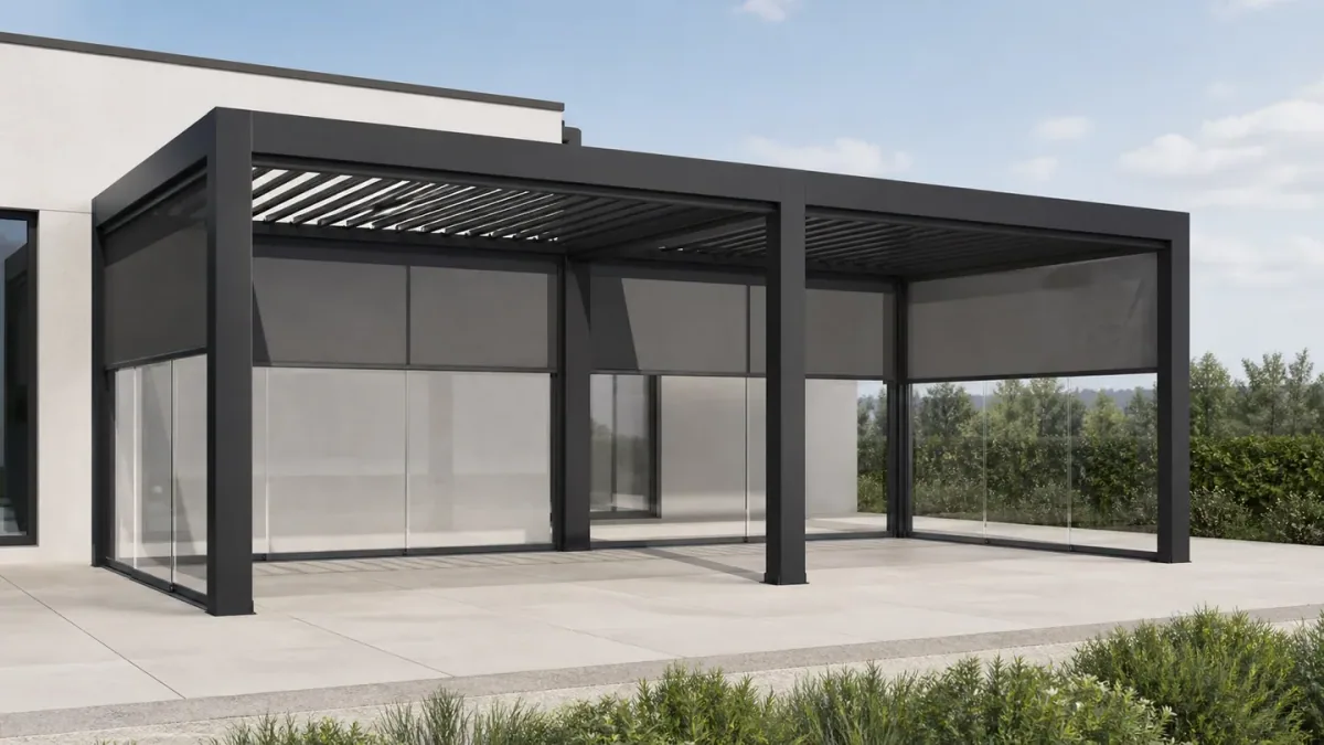 Pergola mit mehreren Feldern und Glasseiten, vom Garten aus gesehen