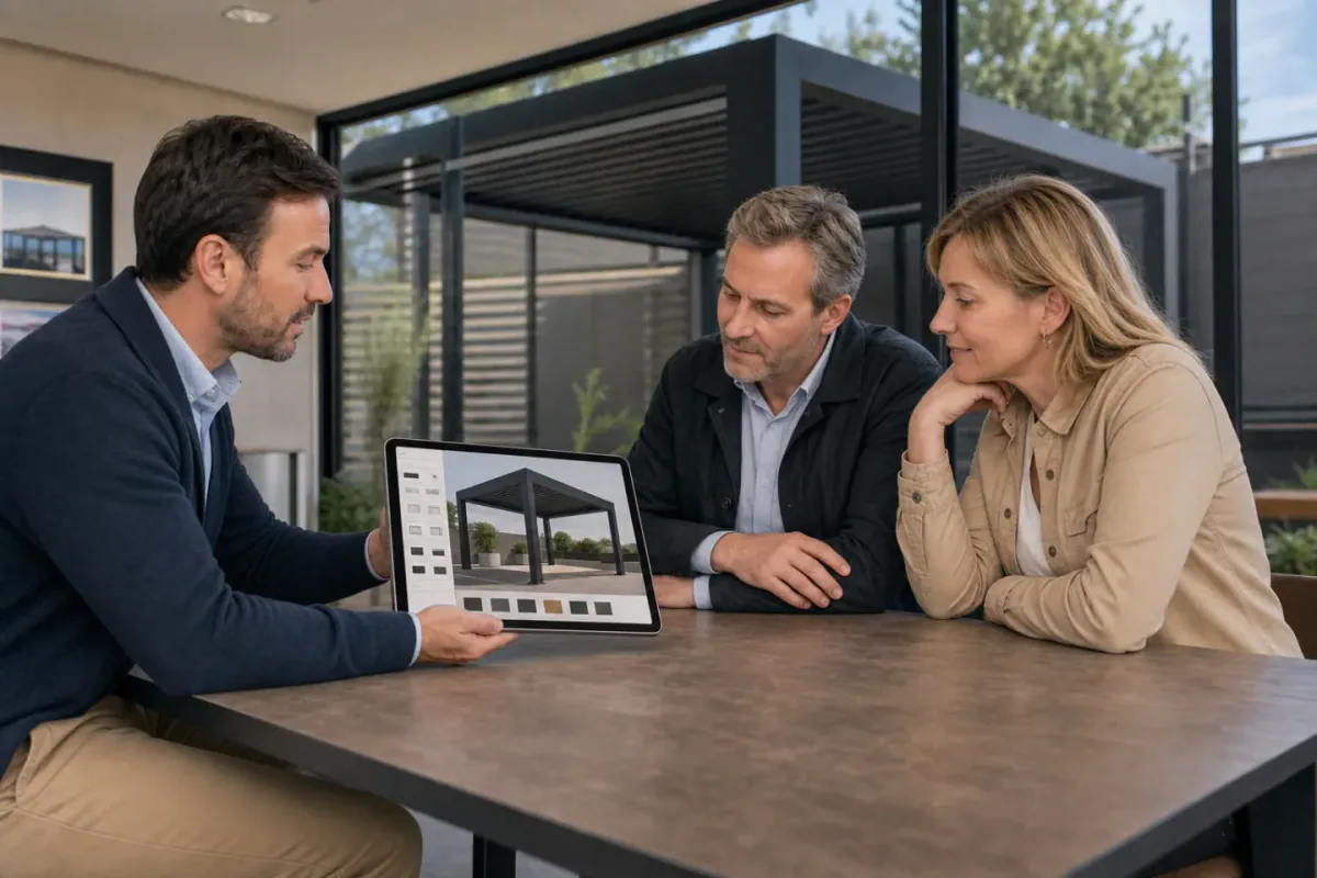 Drei Personen begutachten einen Pergola-Entwurf auf einem Tablet an einem Tisch