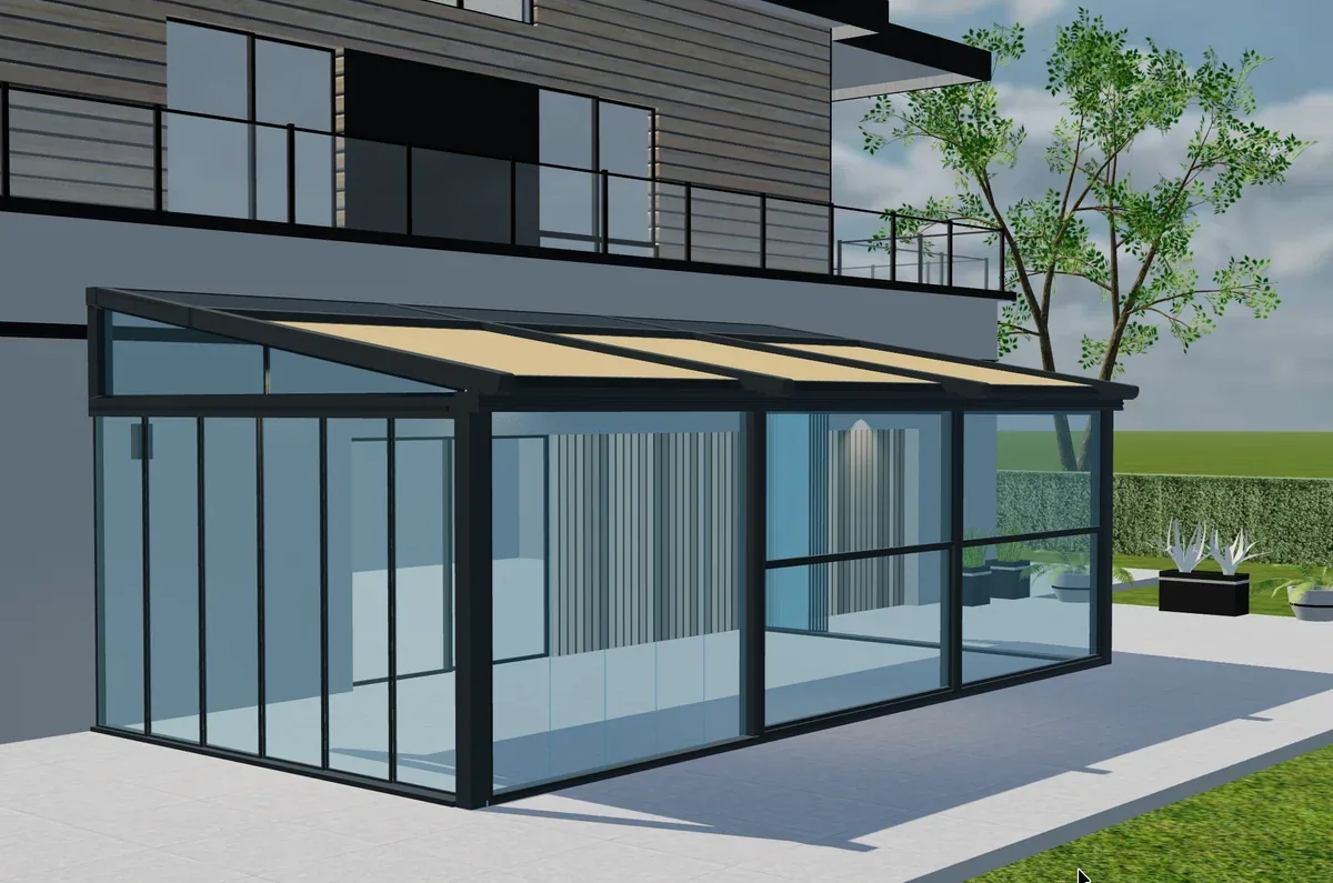 Tenteks Italia Pergola mit verglasten Seiten und geneigtem Stoffdach in einer 3D-Ansicht