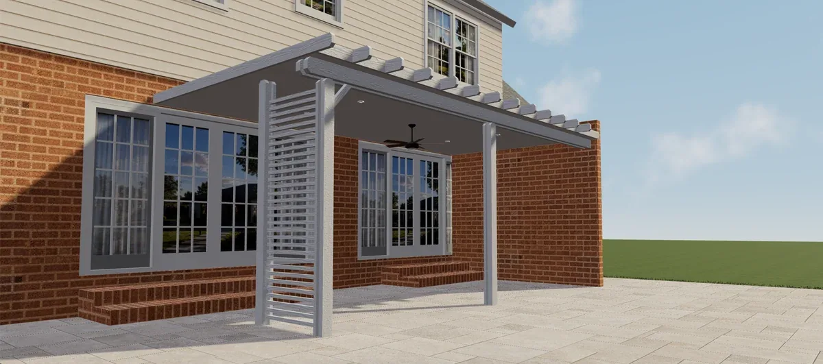 Weiße Elite-Aluminium-Pergola mit Seitenwand aus Lamellen und Deckenventilator