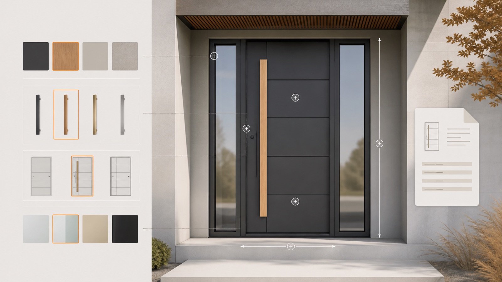 Three-dimensional entrance door configuration with dimensions, finishes and quote output