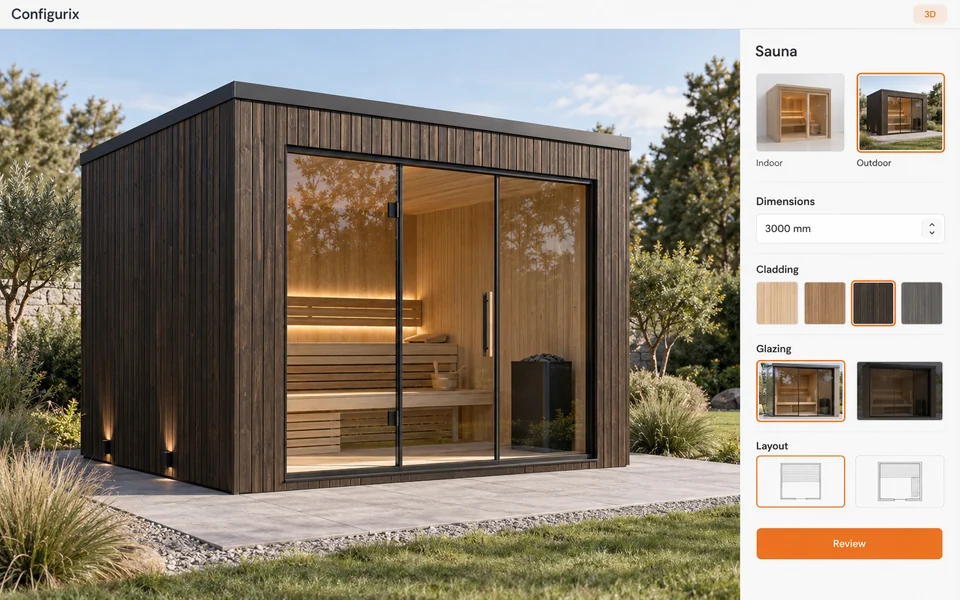 3D-Ansicht eines konfigurierbaren Produkts (Sauna) zu Nordische Länder: Sauna- und Modulprodukt-Konfiguratoren, individuelle Software und Einführung.