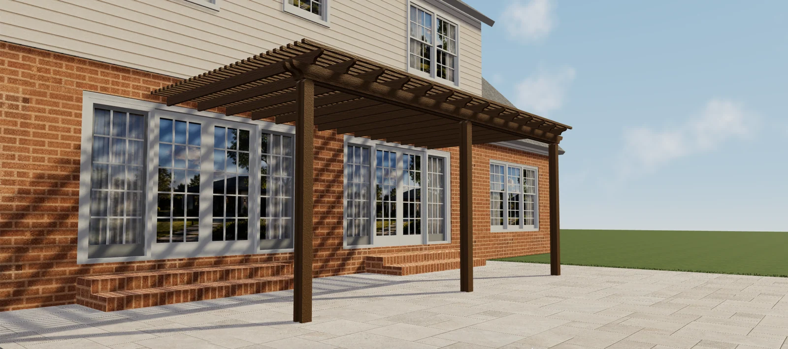 Seitenansicht einer braunen Pergola in Holzoptik mit offenen Dachlamellen, Pfosten und dekorativen Balkenenden.