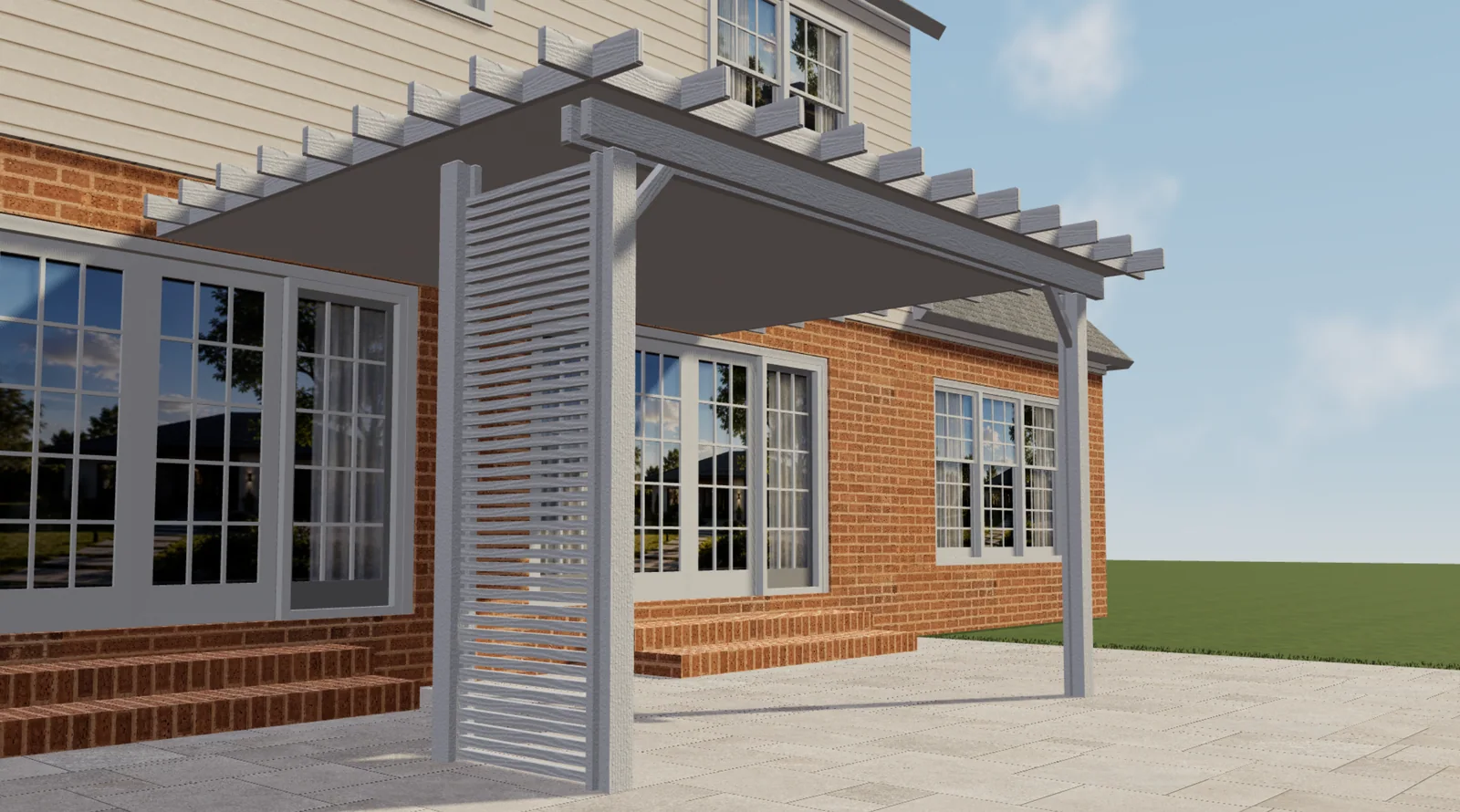 Weiße Pergola von Elite Aluminum mit seitlichem Lamellenpanel in einer Configurix-3D-Ansicht