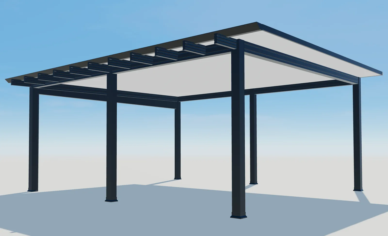 3D-Detail der Dachträger, dunklen Rahmen und hellen Dachpaneele von Pergola Plus.