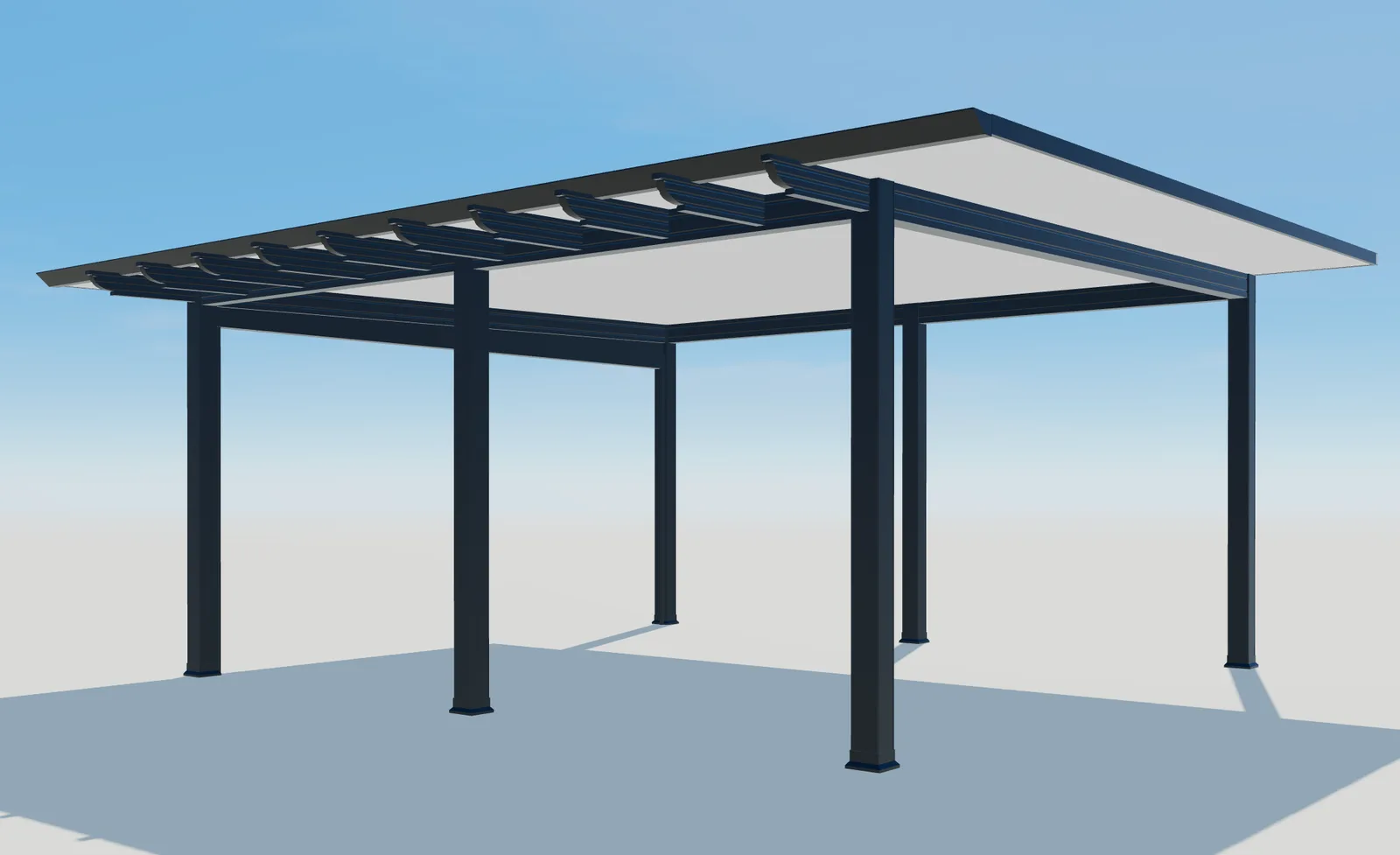 3D-Perspektive der Pergola-Plus-Dachkonstruktion mit sichtbaren Trägern und sechs Pfosten.