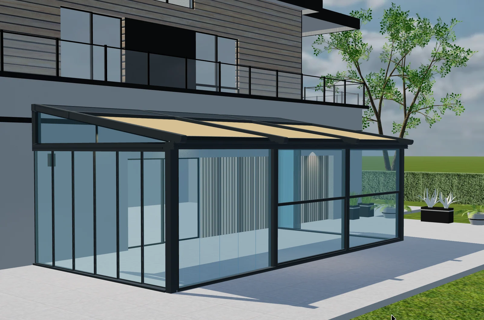 3D-Vorschau einer verglasten Pergola mit geneigtem Rahmen, cremefarbenen Dachabdeckungen und dunklen Glasrahmen.