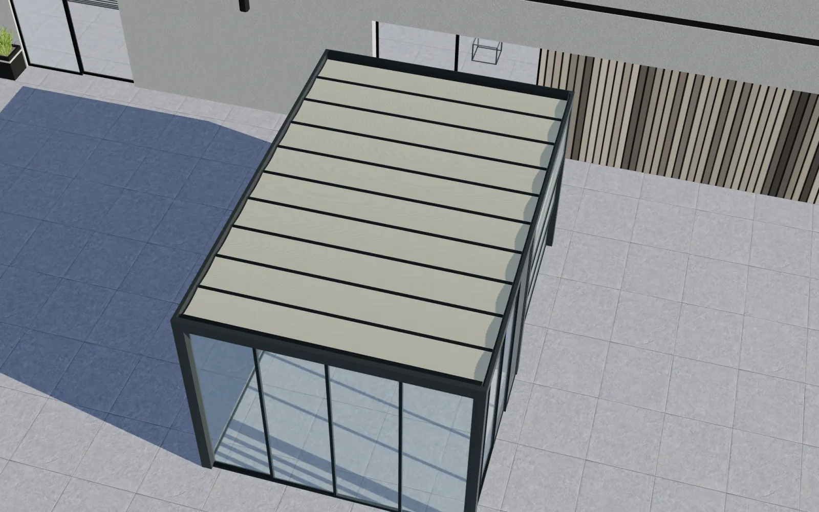 3D-Draufsicht in Configurix auf eine anthrazitfarbene Pergola mit geschlossenem Dach und verglasten Seiten.