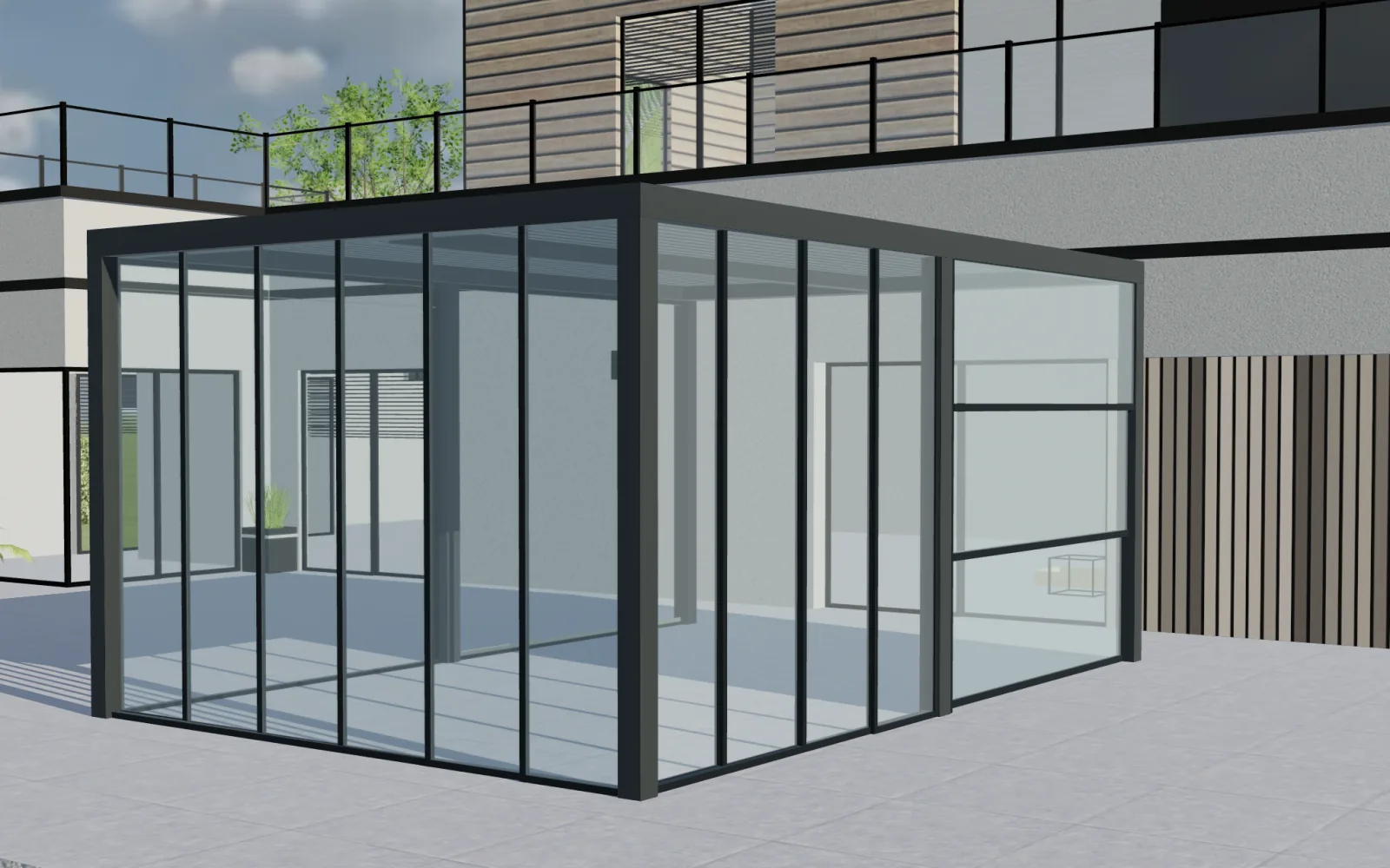 Freistehende anthrazitfarbene Pergola mit Verglasung in Configurix